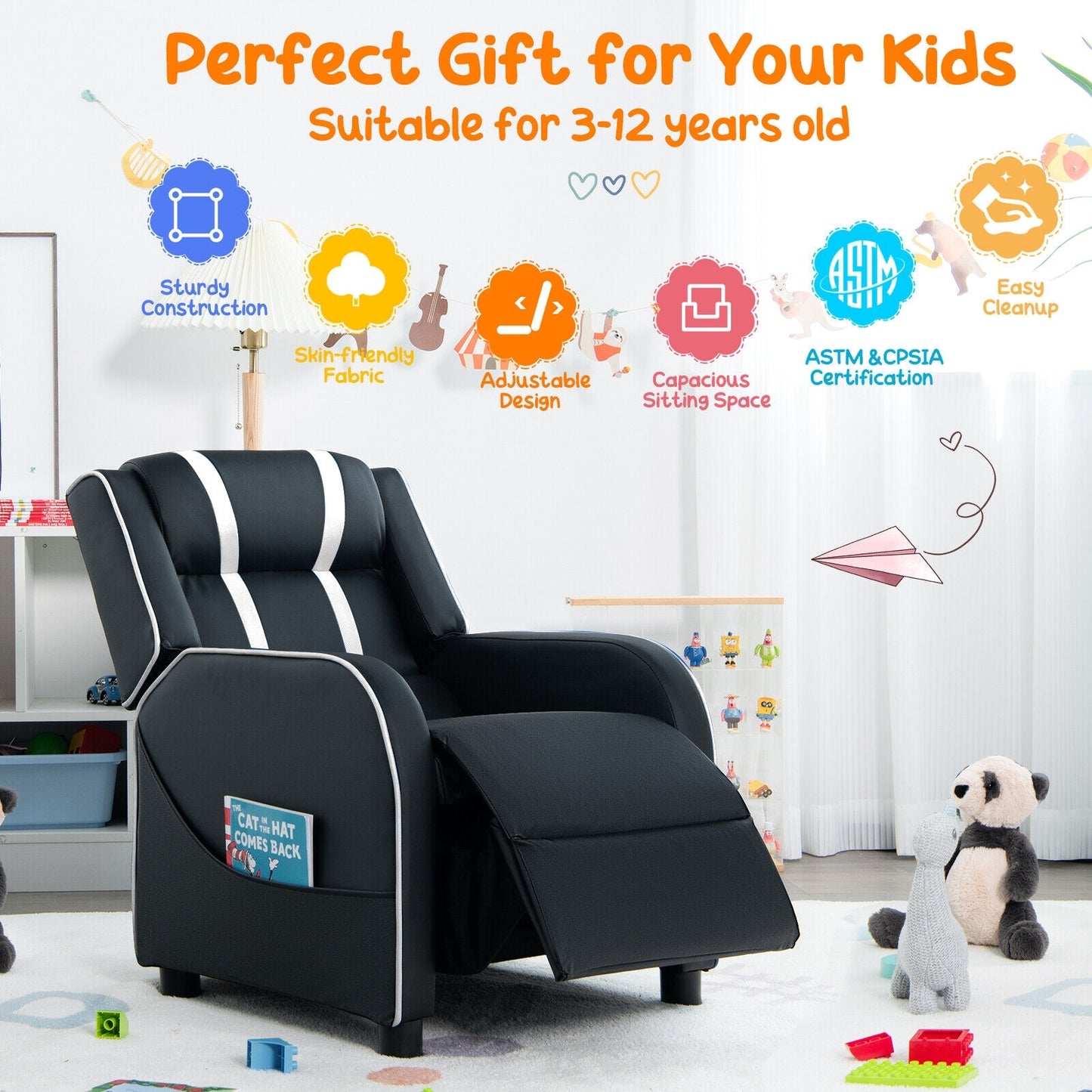 Kids Recliner Chair with Side Pockets and Footrest-White