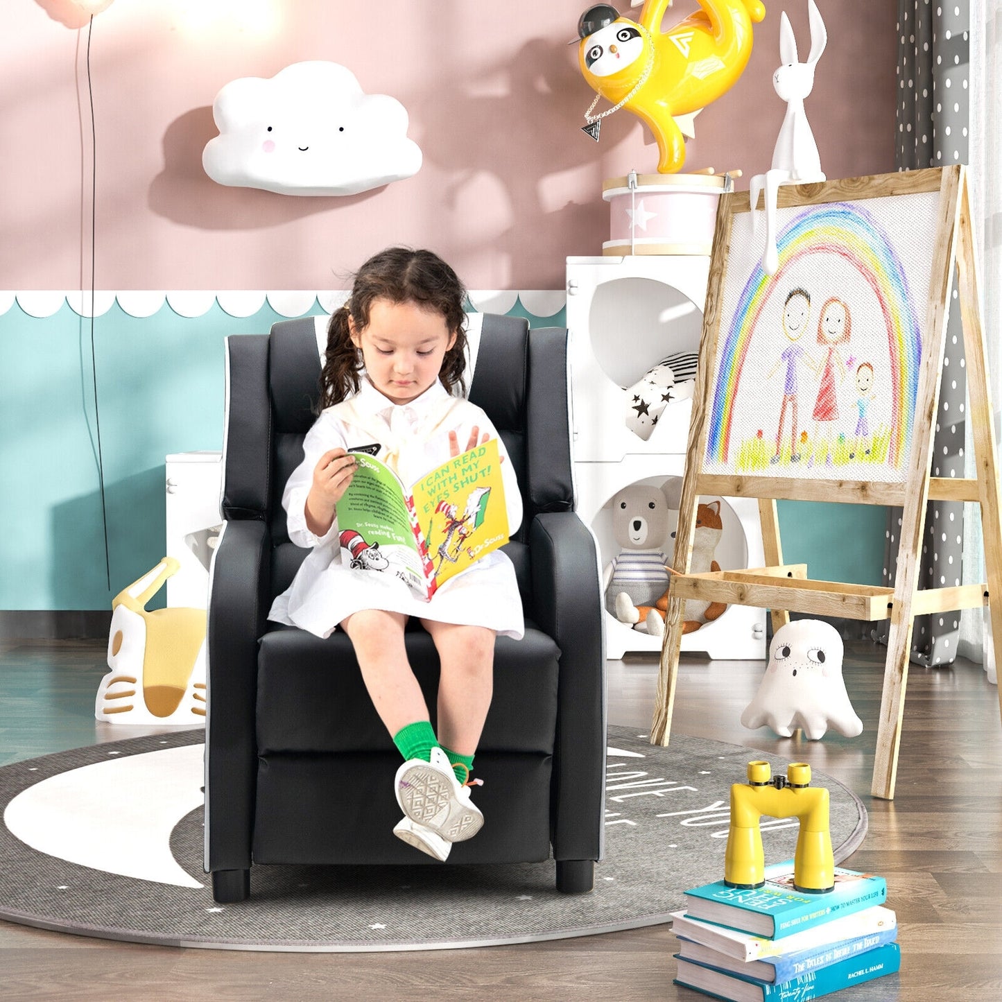 Kids Recliner Chair with Side Pockets and Footrest-White Kids Crystal
