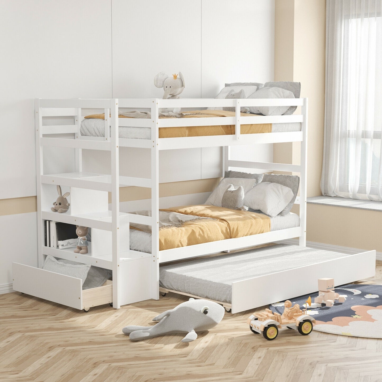 Twin Over Twin Bunk Bed with Storage Shelf and Drawer-White Kids Crystal