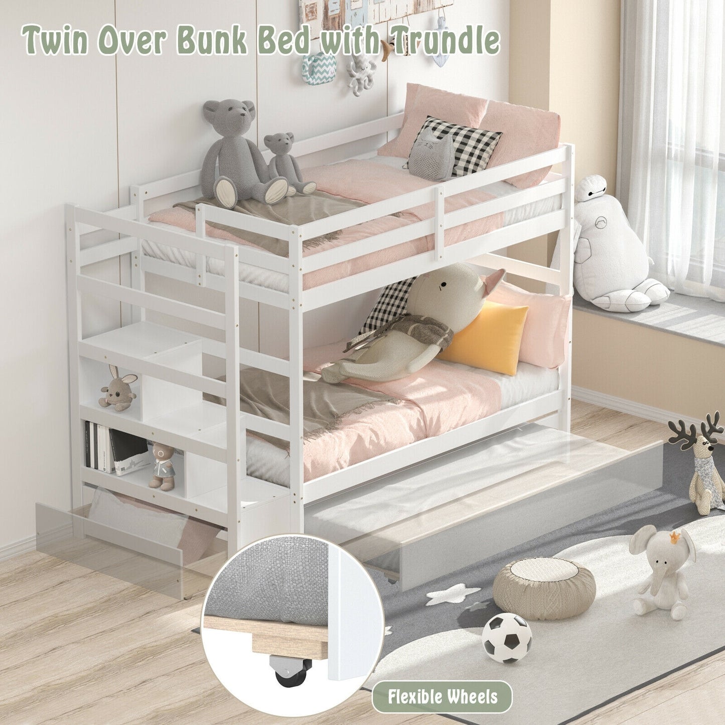 Twin Over Twin Bunk Bed with Storage Shelf and Drawer-White Kids Crystal