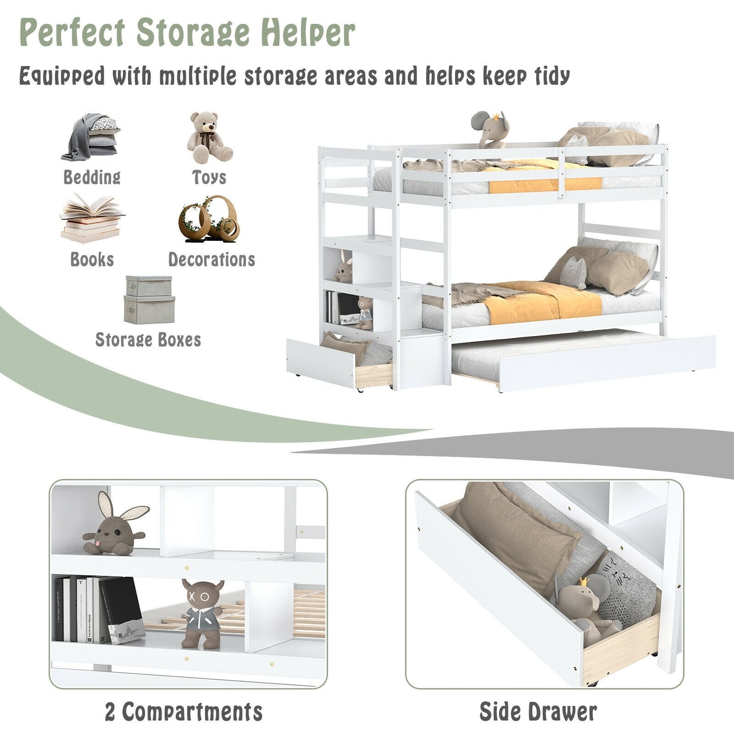 Twin Over Twin Bunk Bed with Storage Shelf and Drawer-White Kids Crystal