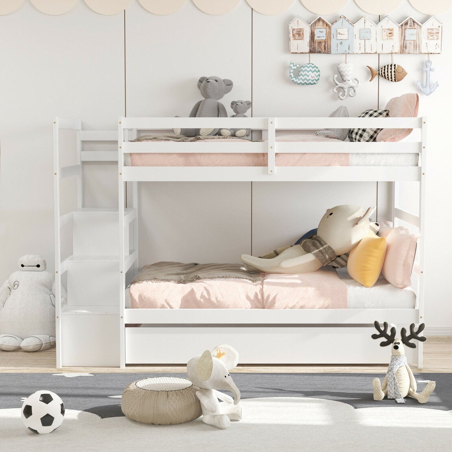 Twin Over Twin Bunk Bed with Storage Shelf and Drawer-White Kids Crystal