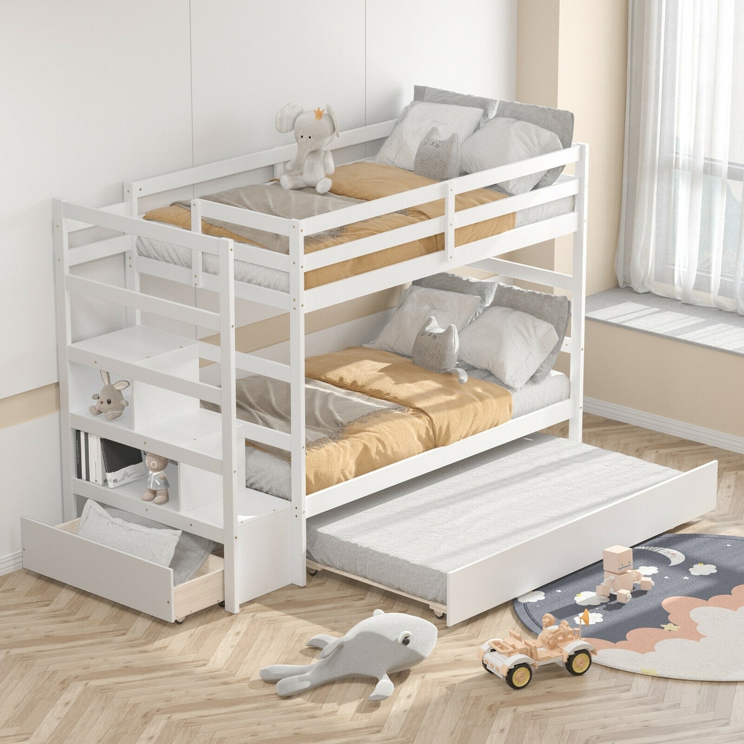 Twin Over Twin Bunk Bed with Storage Shelf and Drawer-White Kids Crystal