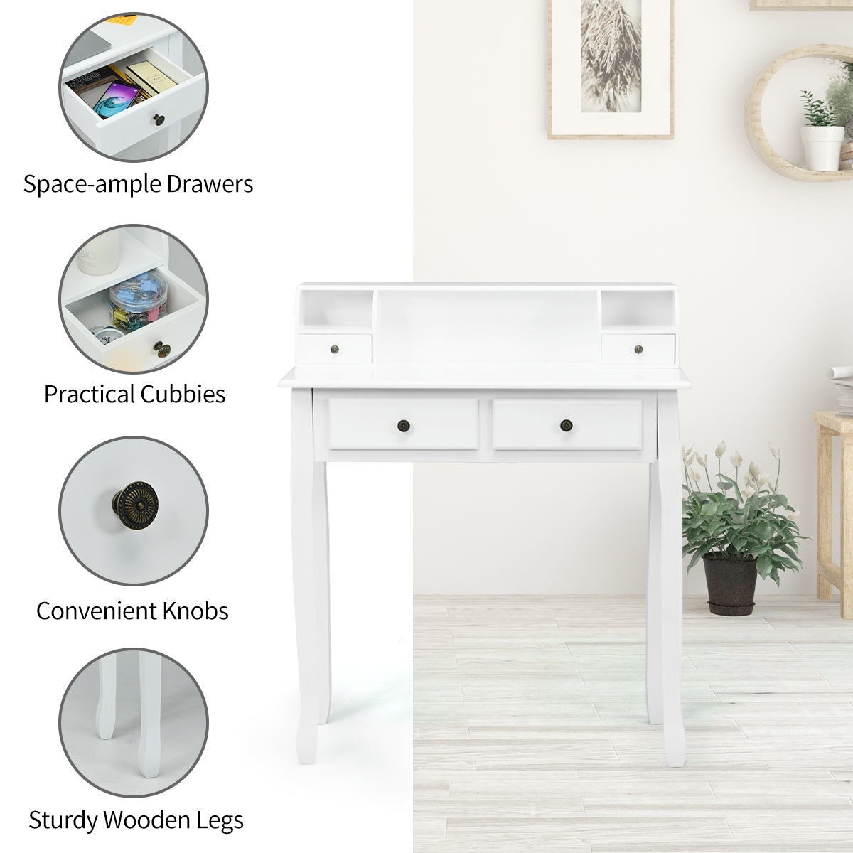 Writing Desk 2-Tier Vanity Desk Computer Desk with 4 Drawers-White Kids Crystal