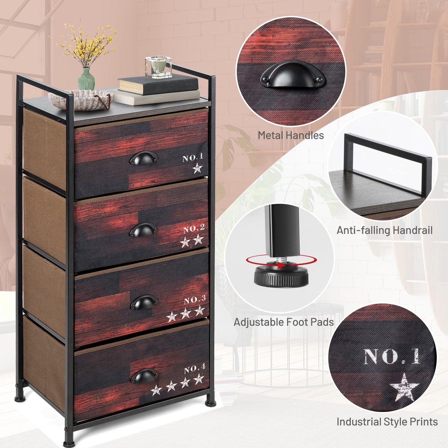 Industrial 4 Fabric Drawers Storage Dresser with Fabric Drawers and Steel Frame Kids Crystal