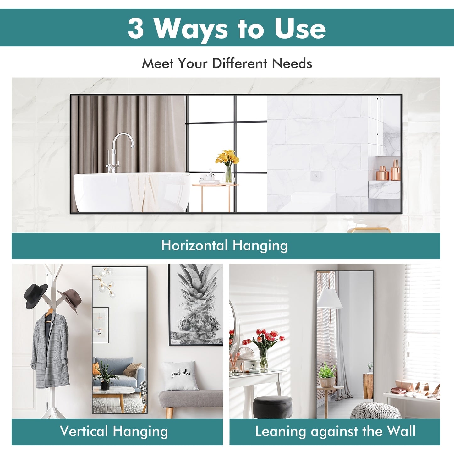 59 Inch Full Length Mirror Large Rectangle Bedroom Mirror-Black Kids Crystal