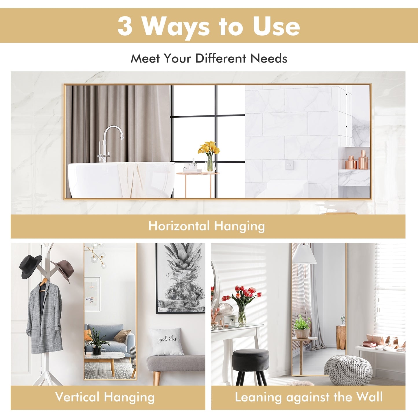 59 Inch Full Length Mirror Large Rectangle Bedroom Mirror-Golden Kids Crystal