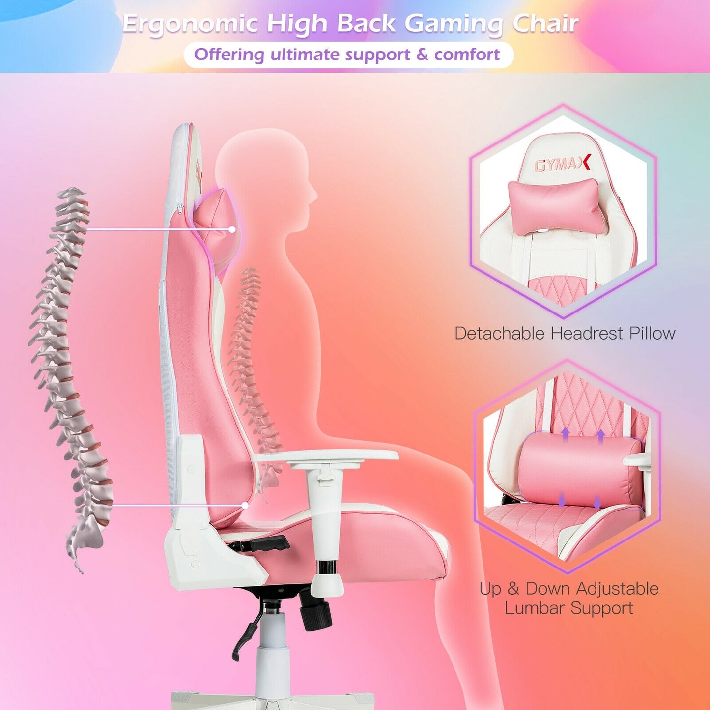 Ergonomic High Back Computer Desk Chair with Headrest and Lumbar Support-Pink Kids Crystal