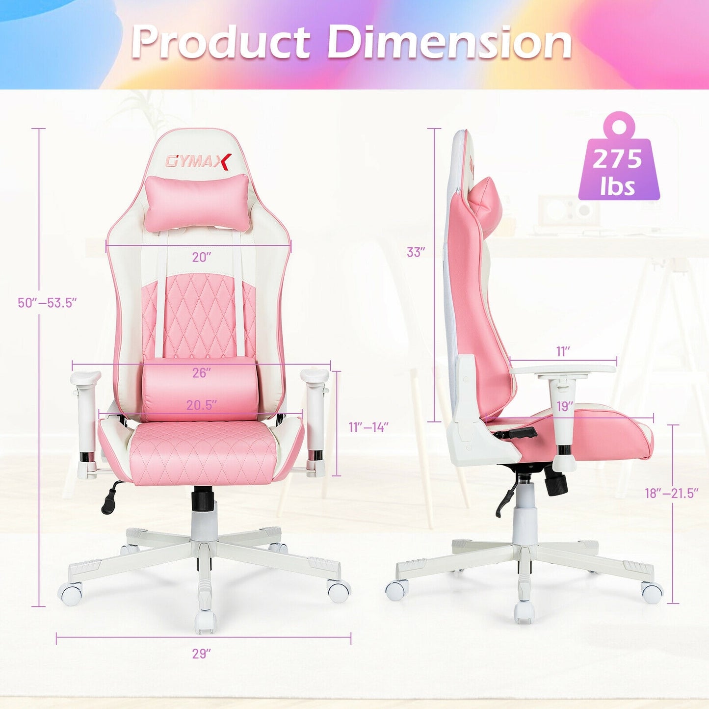 Ergonomic High Back Computer Desk Chair with Headrest and Lumbar Support-Pink Kids Crystal