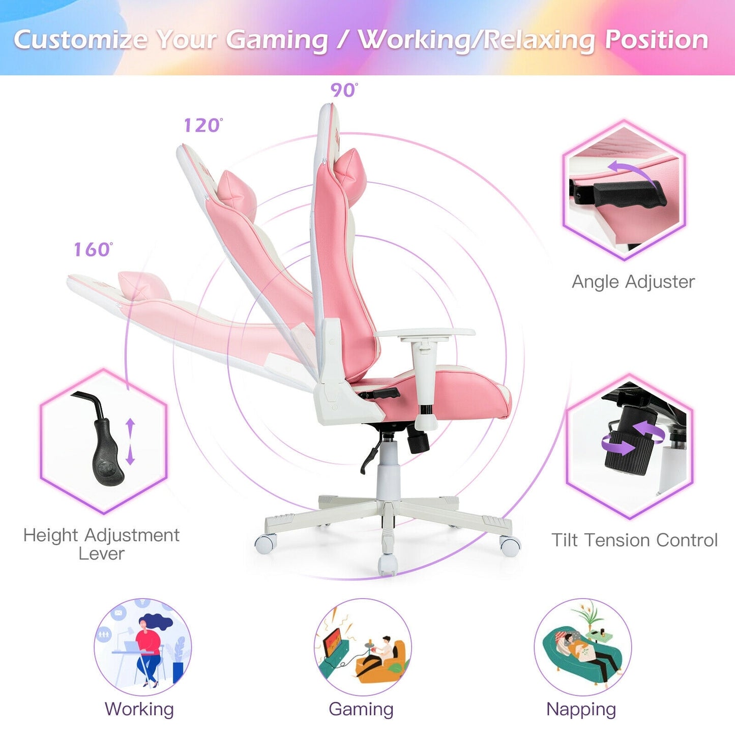 Ergonomic High Back Computer Desk Chair with Headrest and Lumbar Support-Pink Kids Crystal