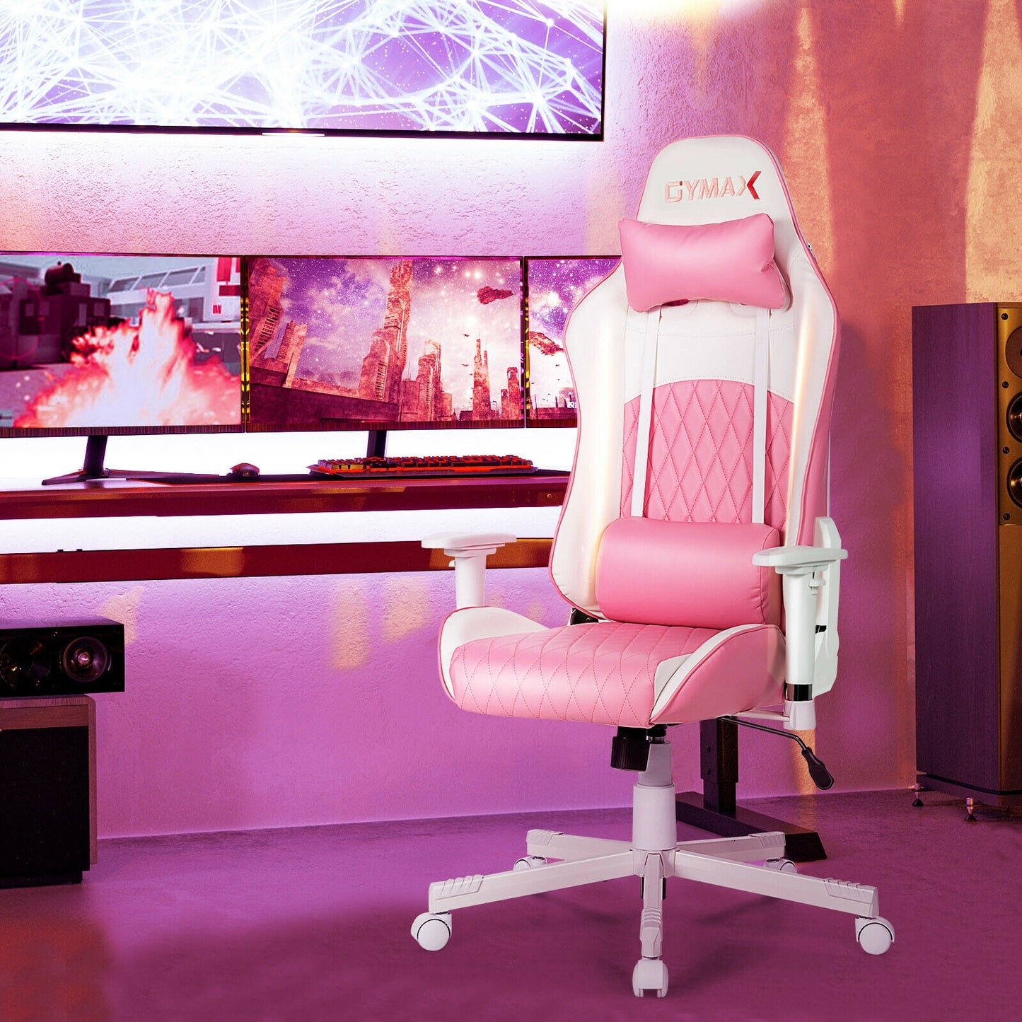 Ergonomic High Back Computer Desk Chair with Headrest and Lumbar Support-Pink Kids Crystal
