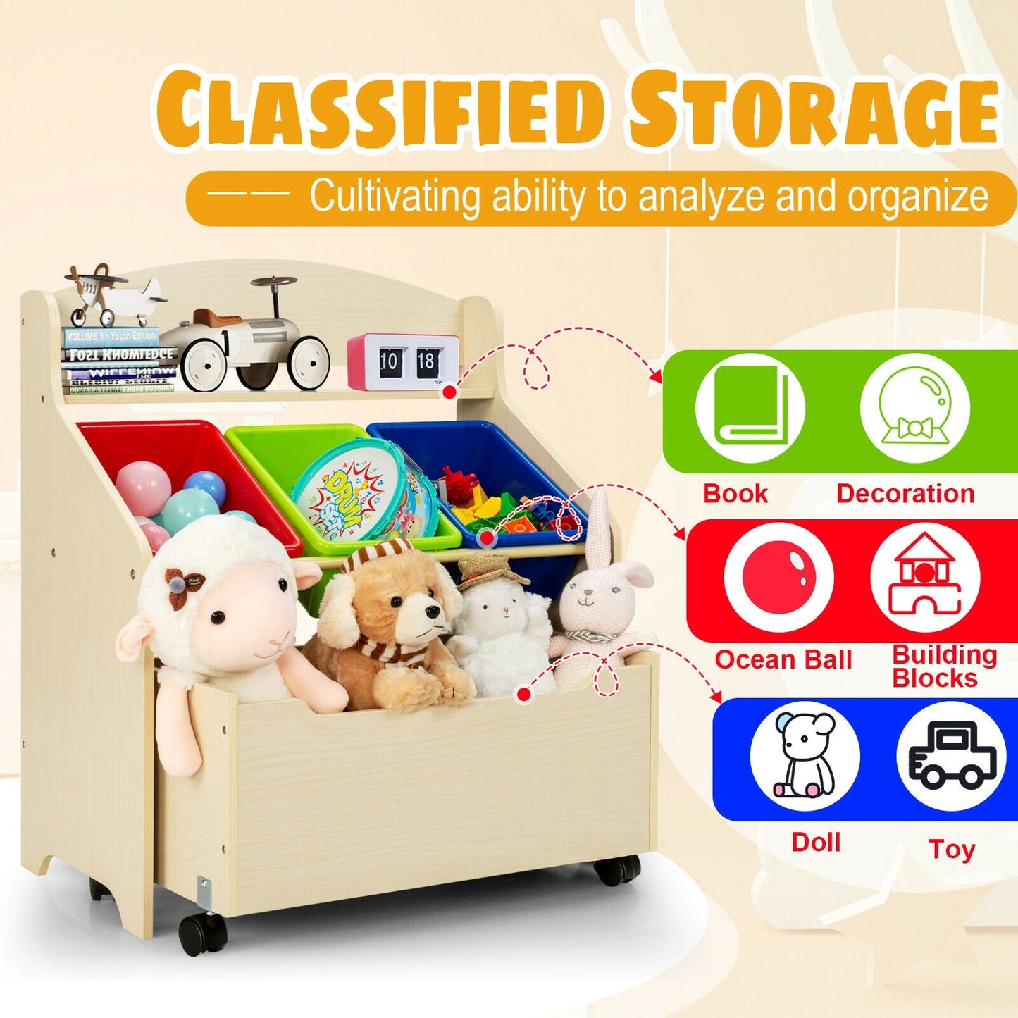 Kids Wooden Toy Storage Unit Organizer with Rolling Toy Box and Plastic Bins-Natural Kids Crystal
