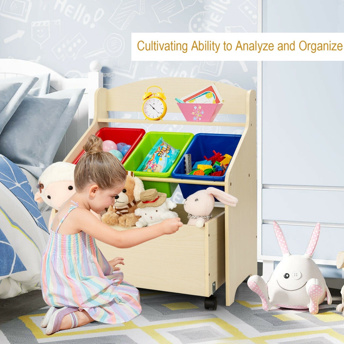 Kids Wooden Toy Storage Unit Organizer with Rolling Toy Box and Plastic Bins-Natural Kids Crystal