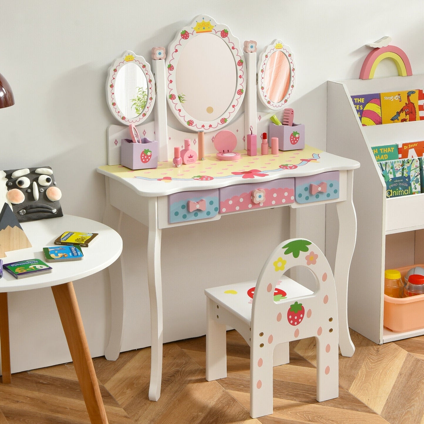 Kids Vanity Princess Makeup Dressing Table Chair Set with Tri-fold Mirror-White Kids Crystal