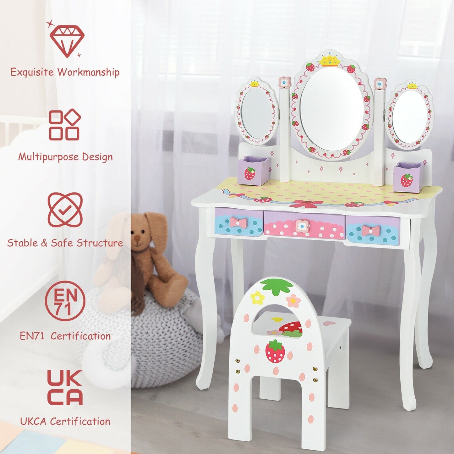 Kids Vanity Princess Makeup Dressing Table Chair Set with Tri-fold Mirror-White Kids Crystal