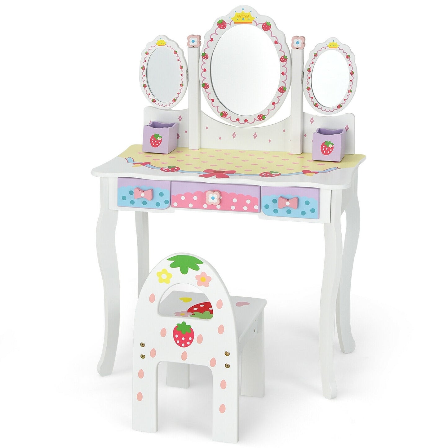 Kids Vanity Princess Makeup Dressing Table Chair Set with Tri-fold Mirror-White Kids Crystal