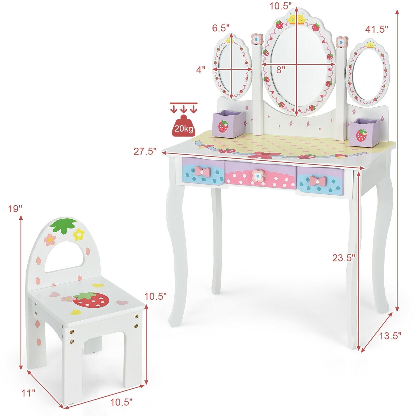 Kids Vanity Princess Makeup Dressing Table Chair Set with Tri-fold Mirror-White Kids Crystal