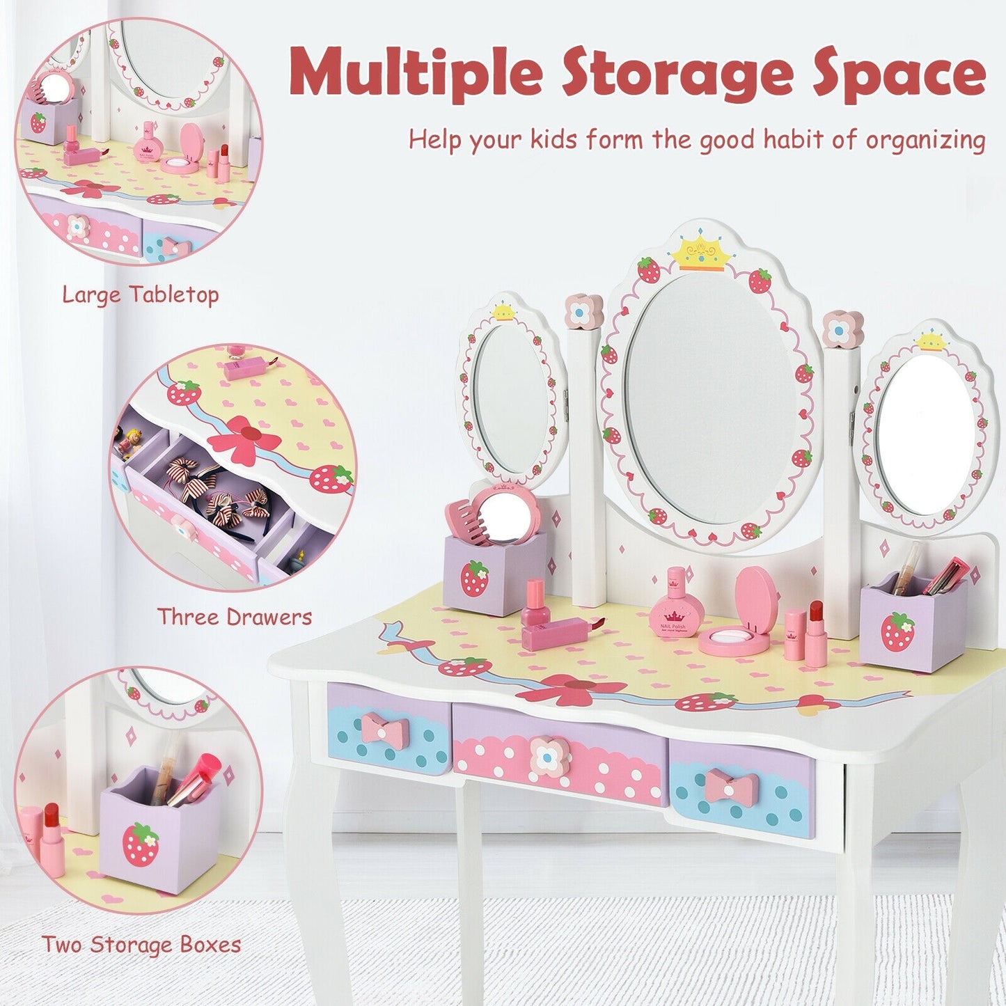 Kids Vanity Princess Makeup Dressing Table Chair Set with Tri-fold Mirror-White Kids Crystal