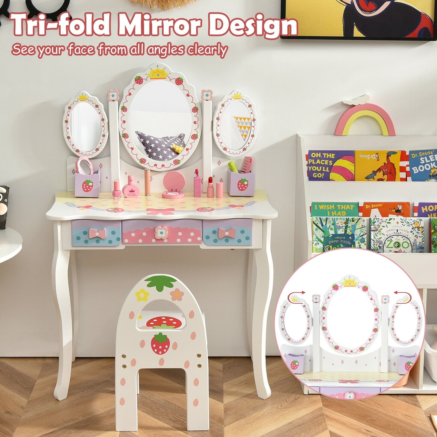 Kids Vanity Princess Makeup Dressing Table Chair Set with Tri-fold Mirror-White Kids Crystal