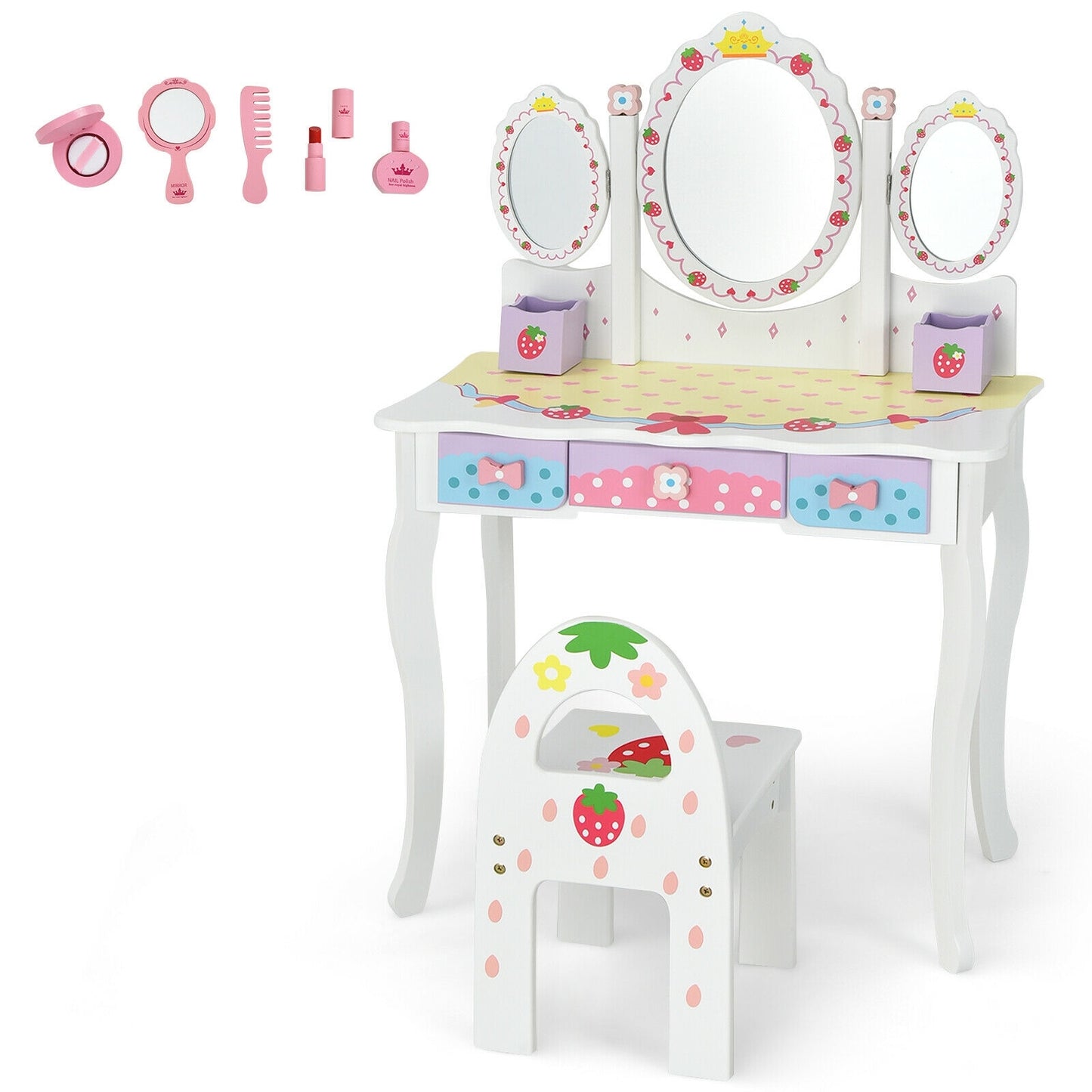 Kids Vanity Princess Makeup Dressing Table Chair Set with Tri-fold Mirror-White Kids Crystal