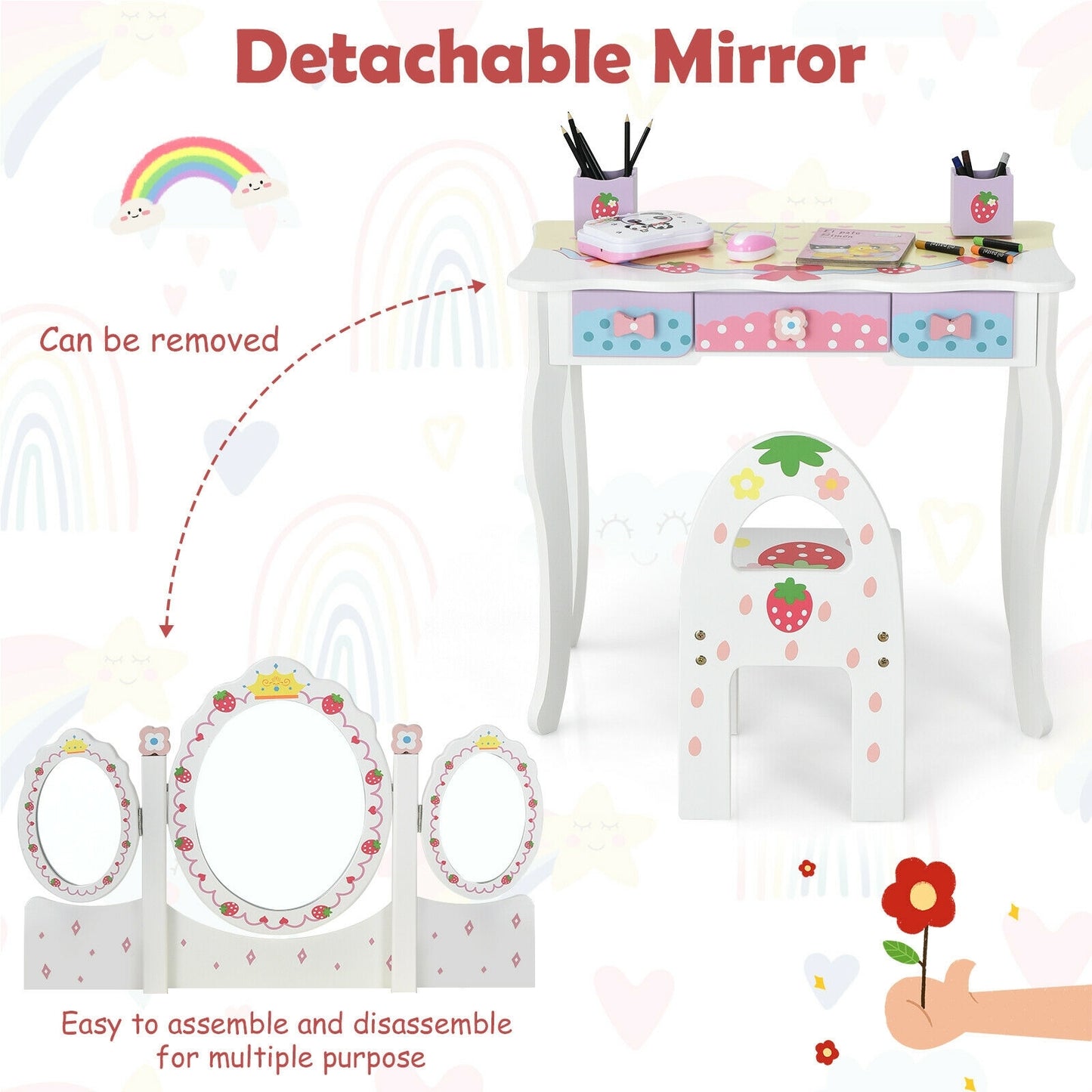 Kids Vanity Princess Makeup Dressing Table Chair Set with Tri-fold Mirror-White Kids Crystal