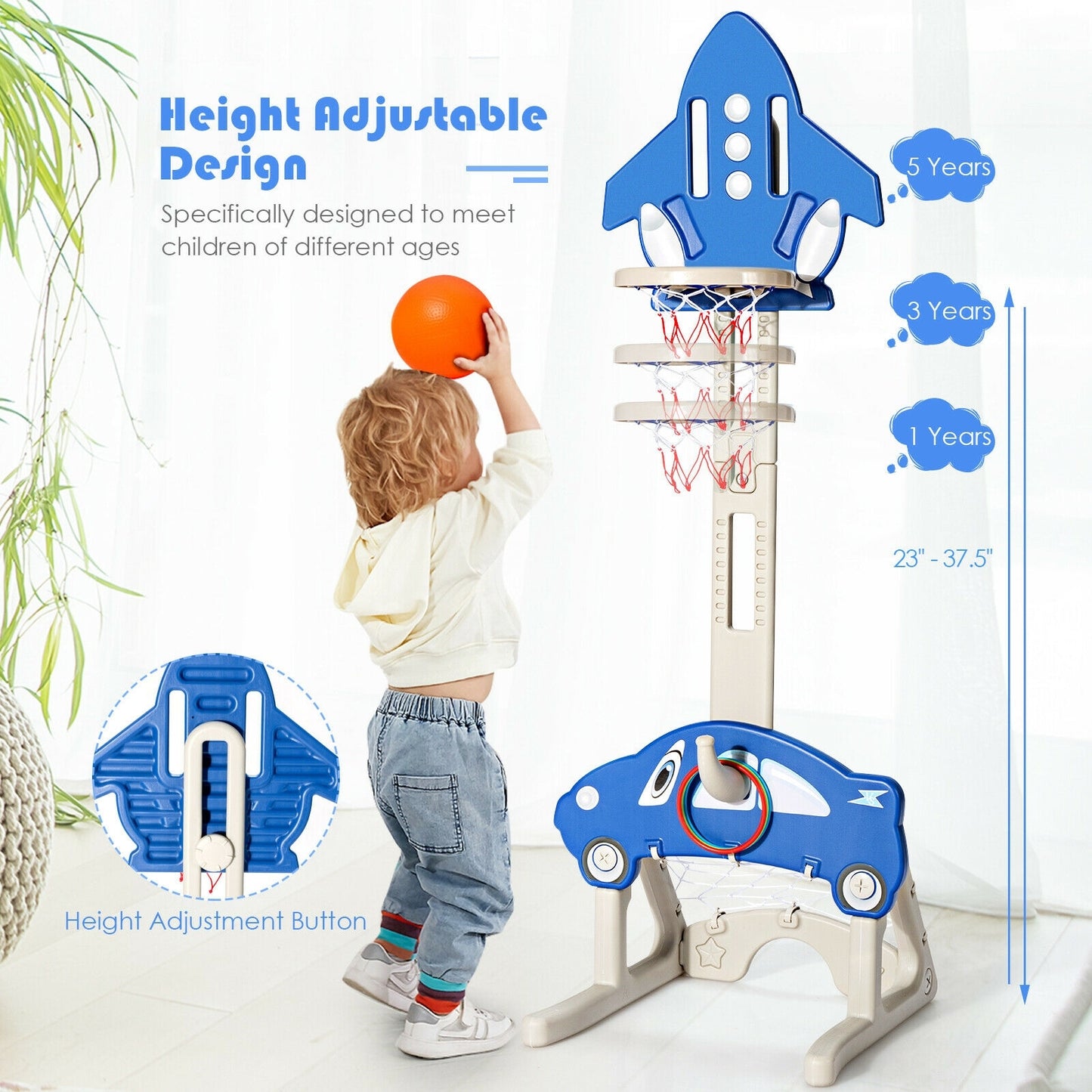 3-in-1 Basketball Hoop for Kids Adjustable Height Playset with Balls-Blue Kids Crystal