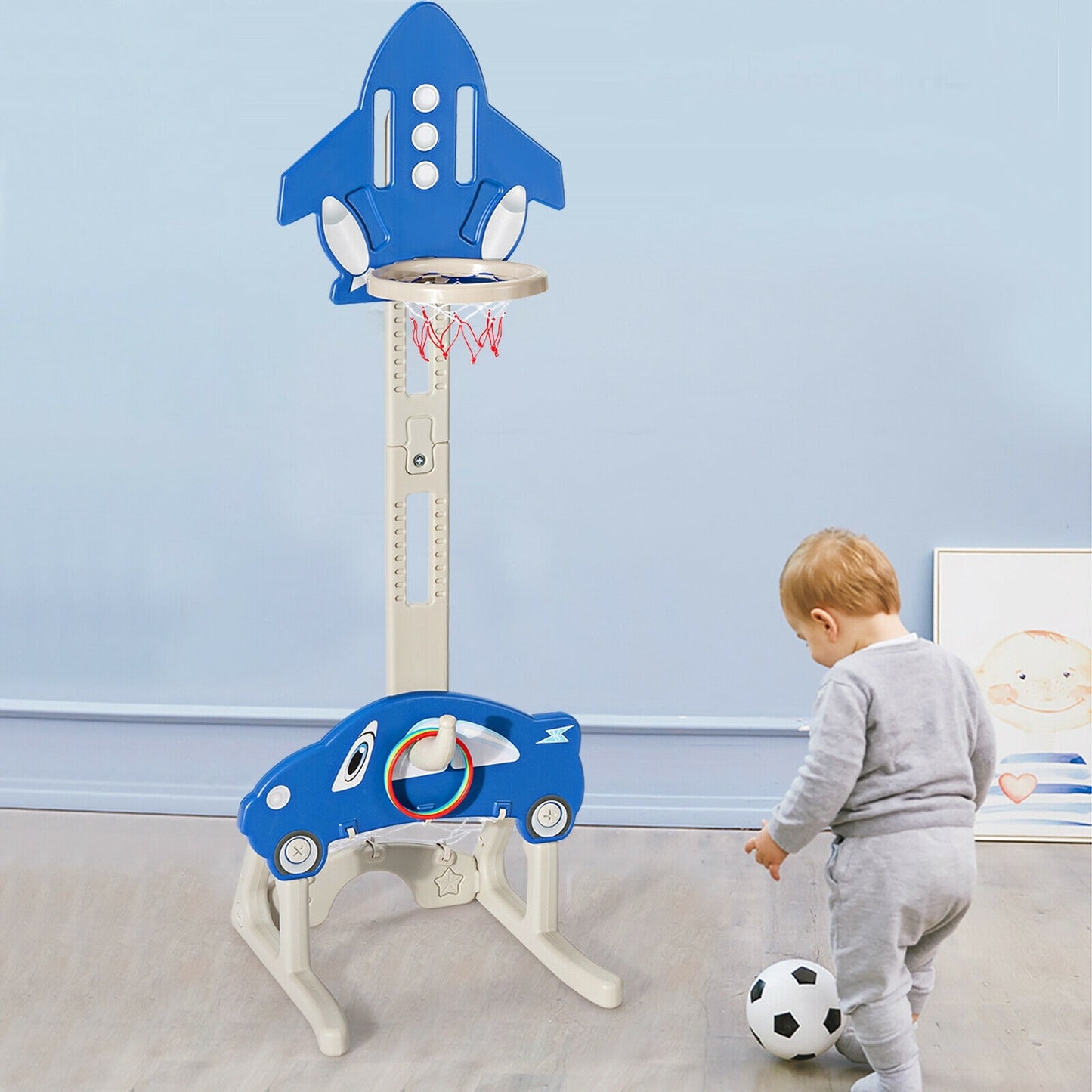 3-in-1 Basketball Hoop for Kids Adjustable Height Playset with Balls-Blue Kids Crystal