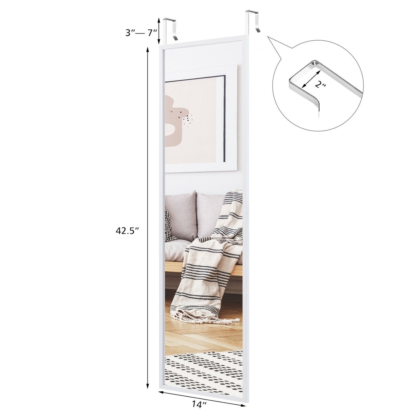 Full Length Metal Door Mirror with Adjustable Hook-White Kids Crystal