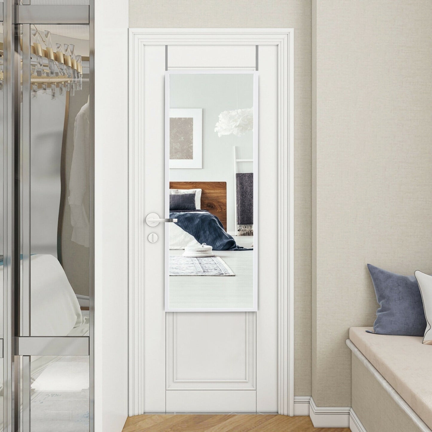 Full Length Metal Door Mirror with Adjustable Hook-White Kids Crystal