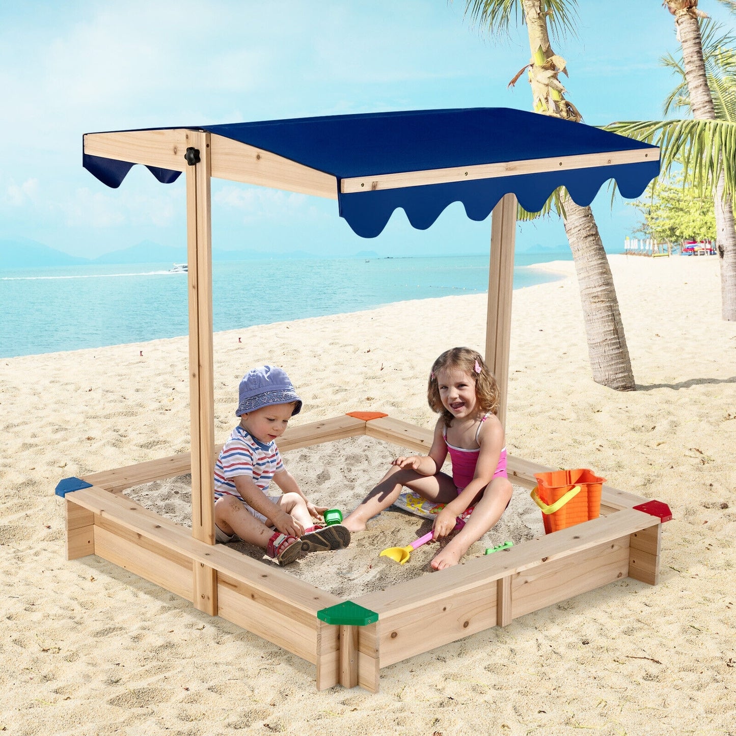 Kids Wooden Sandbox with Height Adjustable and Rotatable Canopy Outdoor Playset Kids Crystal