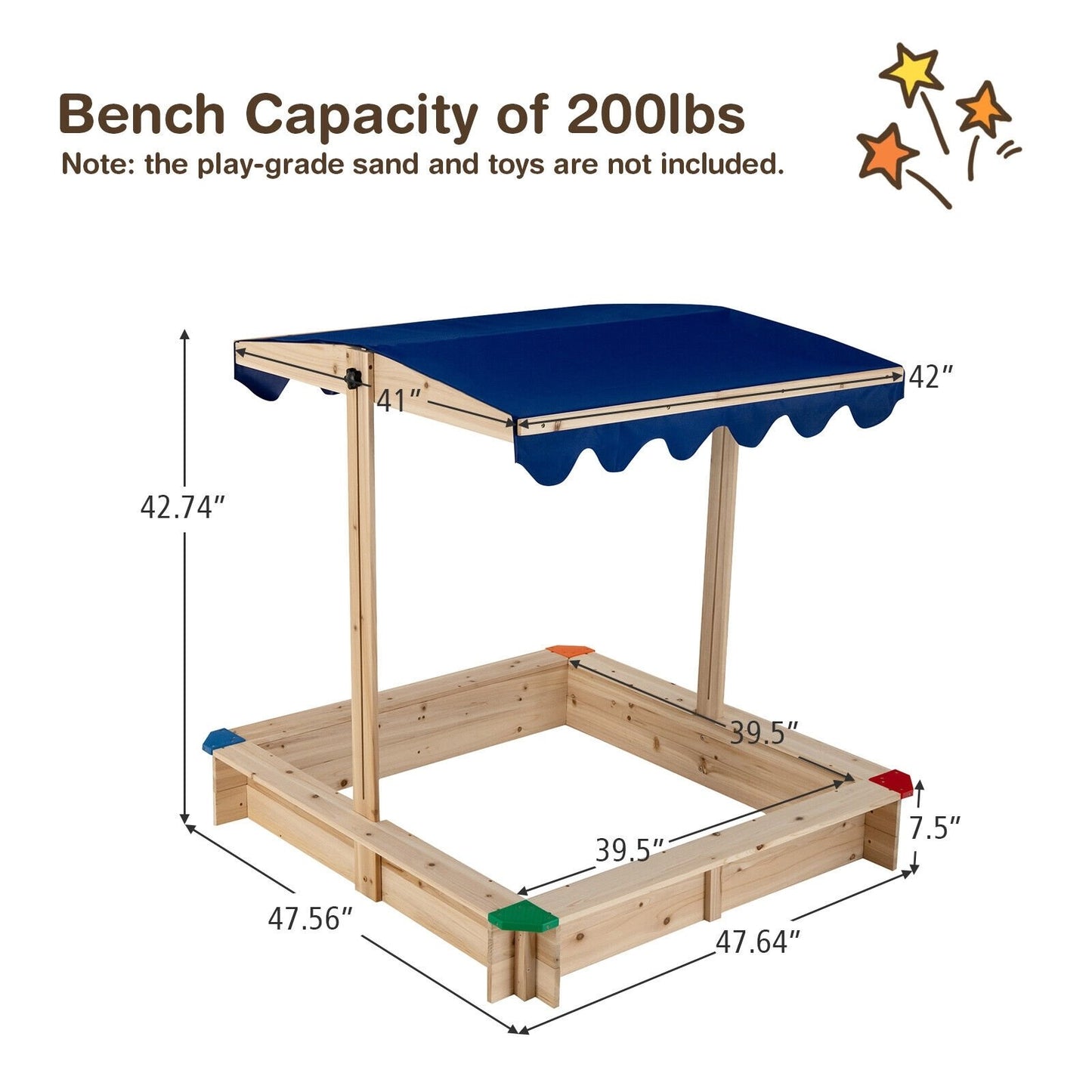Kids Wooden Sandbox with Height Adjustable and Rotatable Canopy Outdoor Playset Kids Crystal