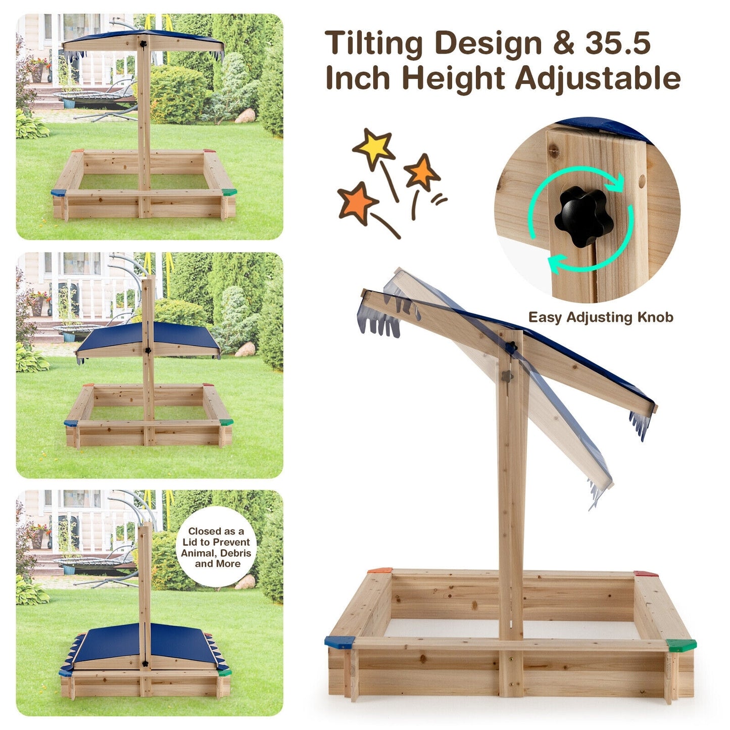 Kids Wooden Sandbox with Height Adjustable and Rotatable Canopy Outdoor Playset Kids Crystal