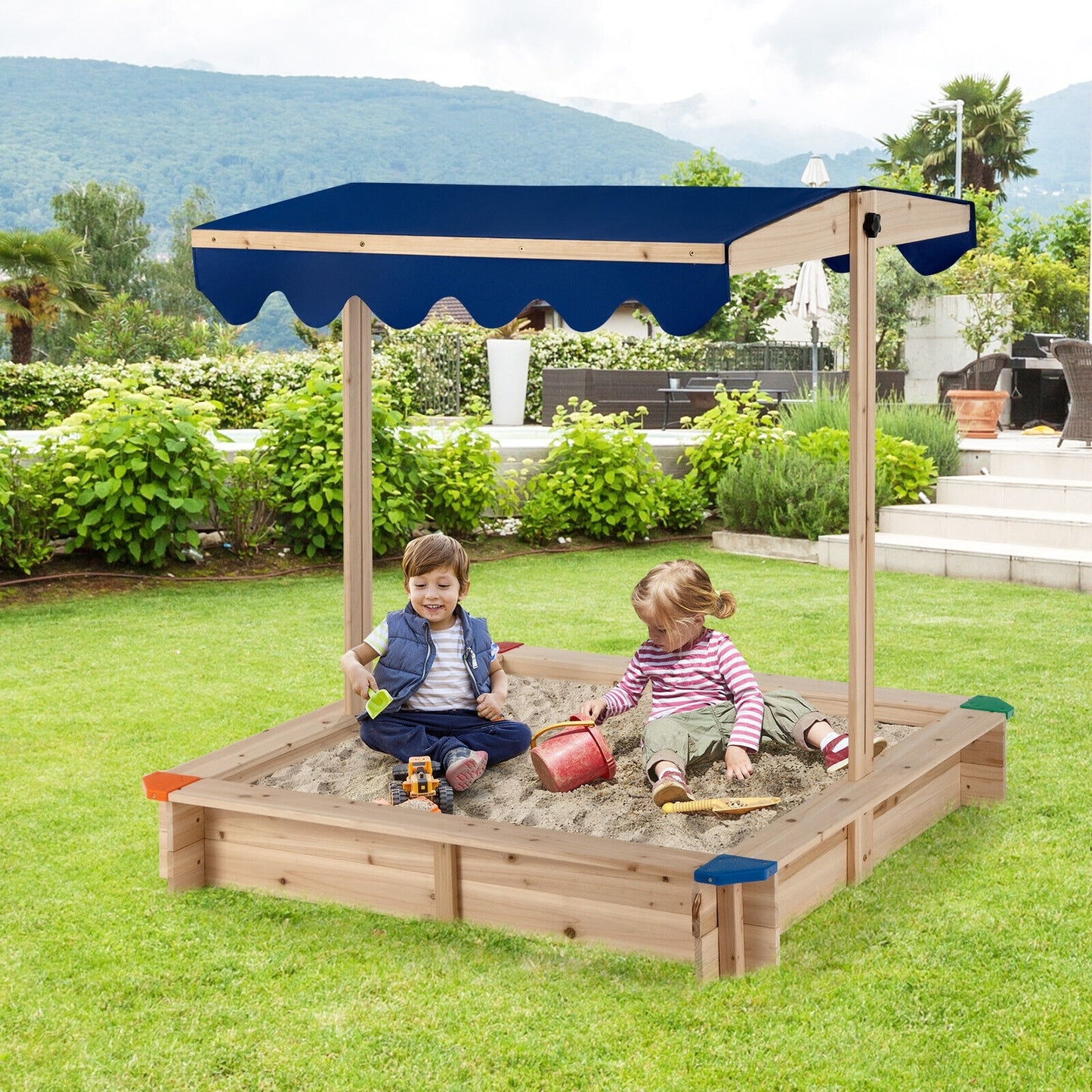 Kids Wooden Sandbox with Height Adjustable and Rotatable Canopy Outdoor Playset Kids Crystal