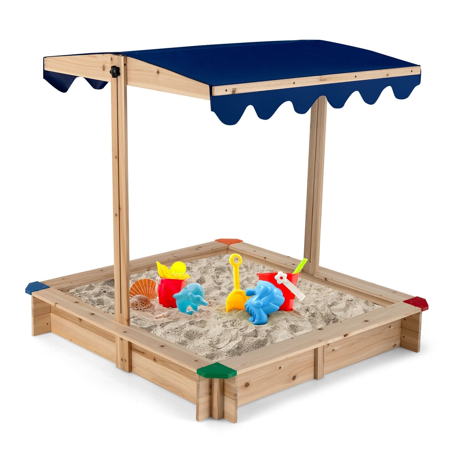 Kids Wooden Sandbox with Height Adjustable and Rotatable Canopy Outdoor Playset Kids Crystal