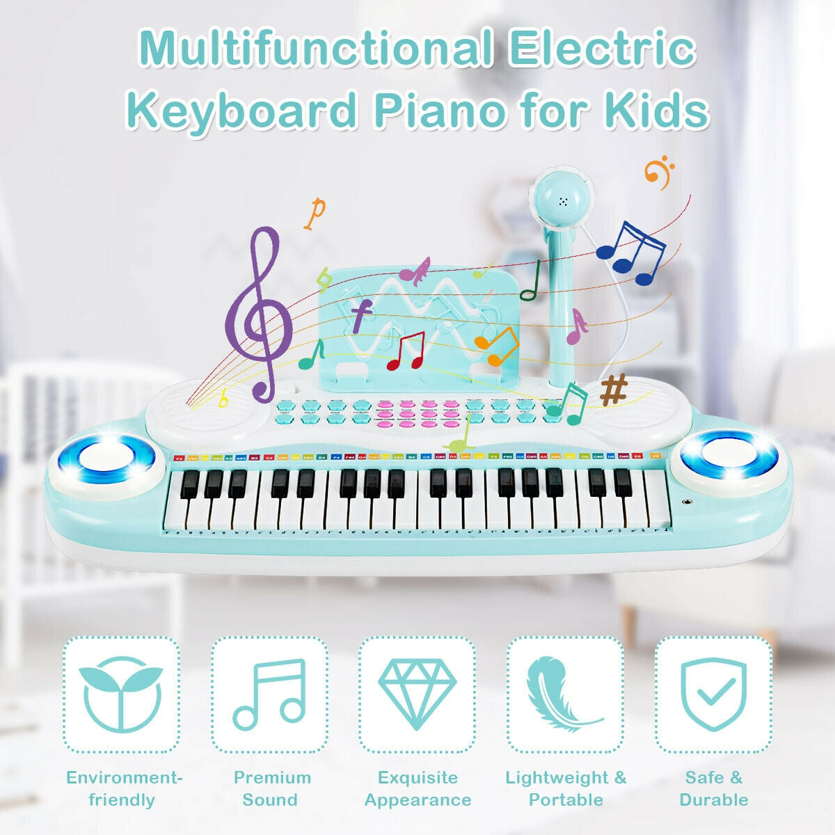 Multifunctional 37 Electric Keyboard Piano with Microphone-Blue Kids Crystal