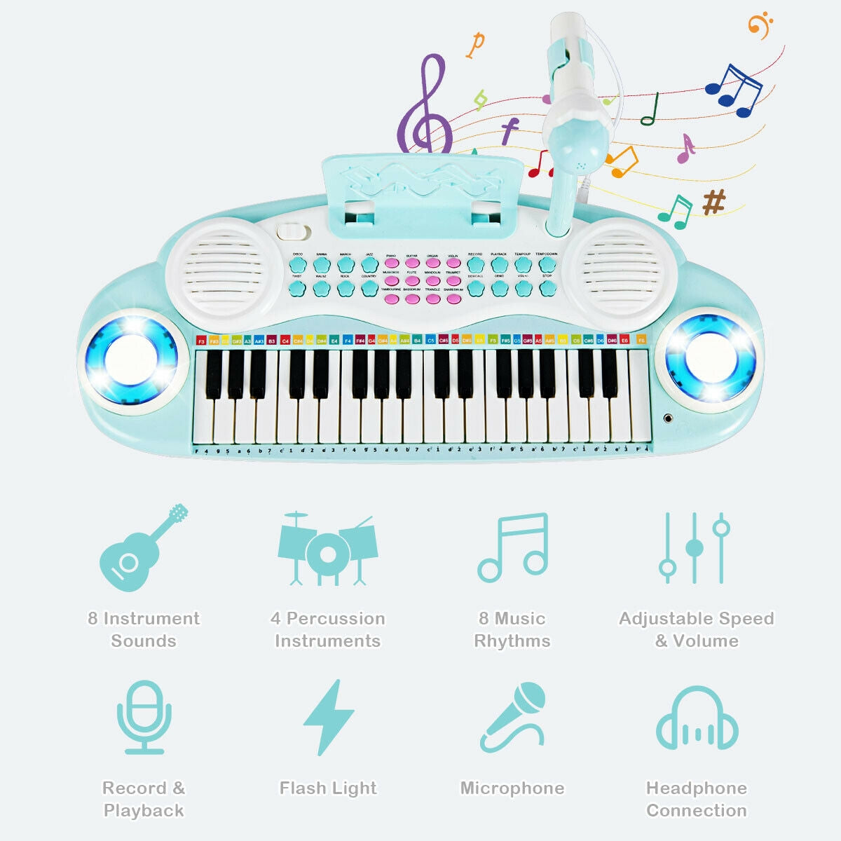 Multifunctional 37 Electric Keyboard Piano with Microphone-Blue Kids Crystal