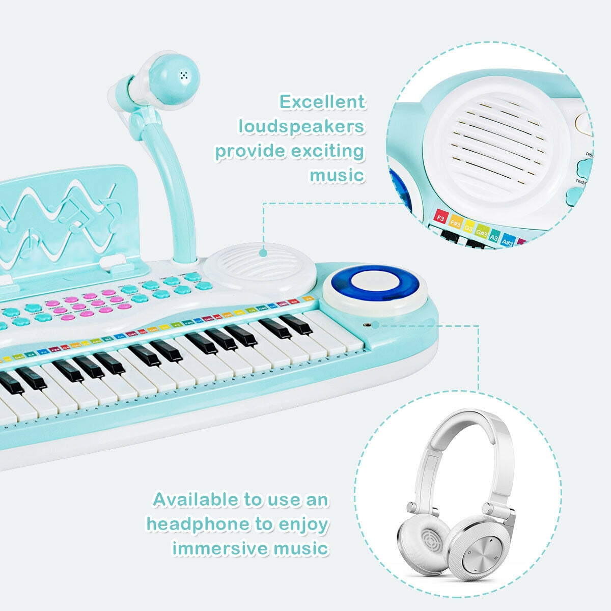 Multifunctional 37 Electric Keyboard Piano with Microphone-Blue Kids Crystal
