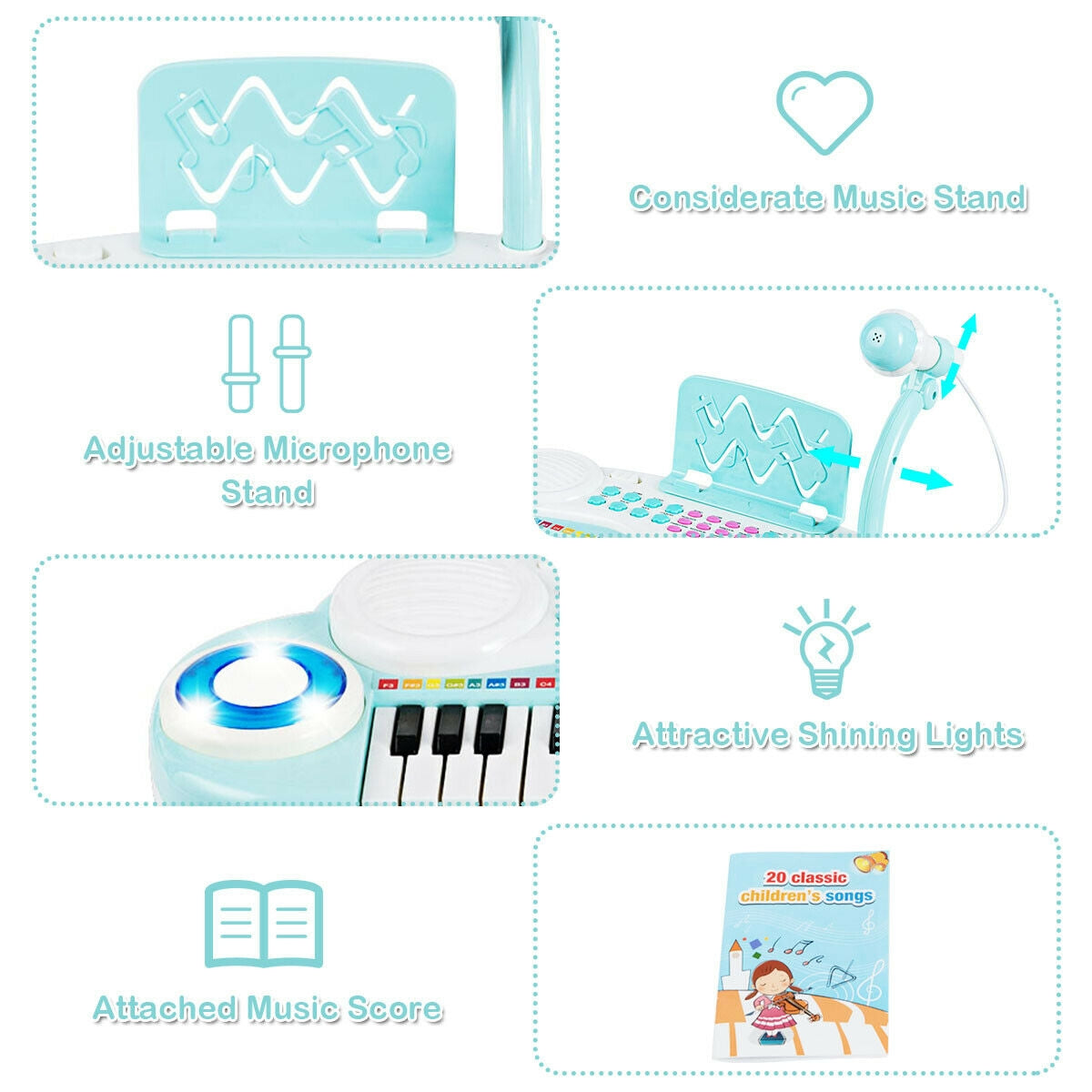 Multifunctional 37 Electric Keyboard Piano with Microphone-Blue Kids Crystal