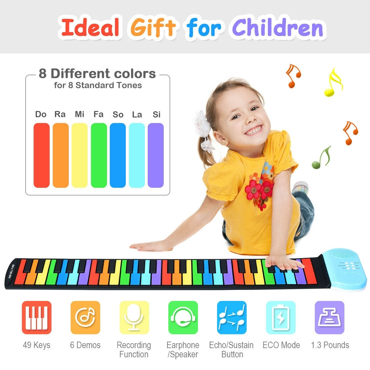 49-Key Roll-up Piano with Support Earphones Kids Crystal