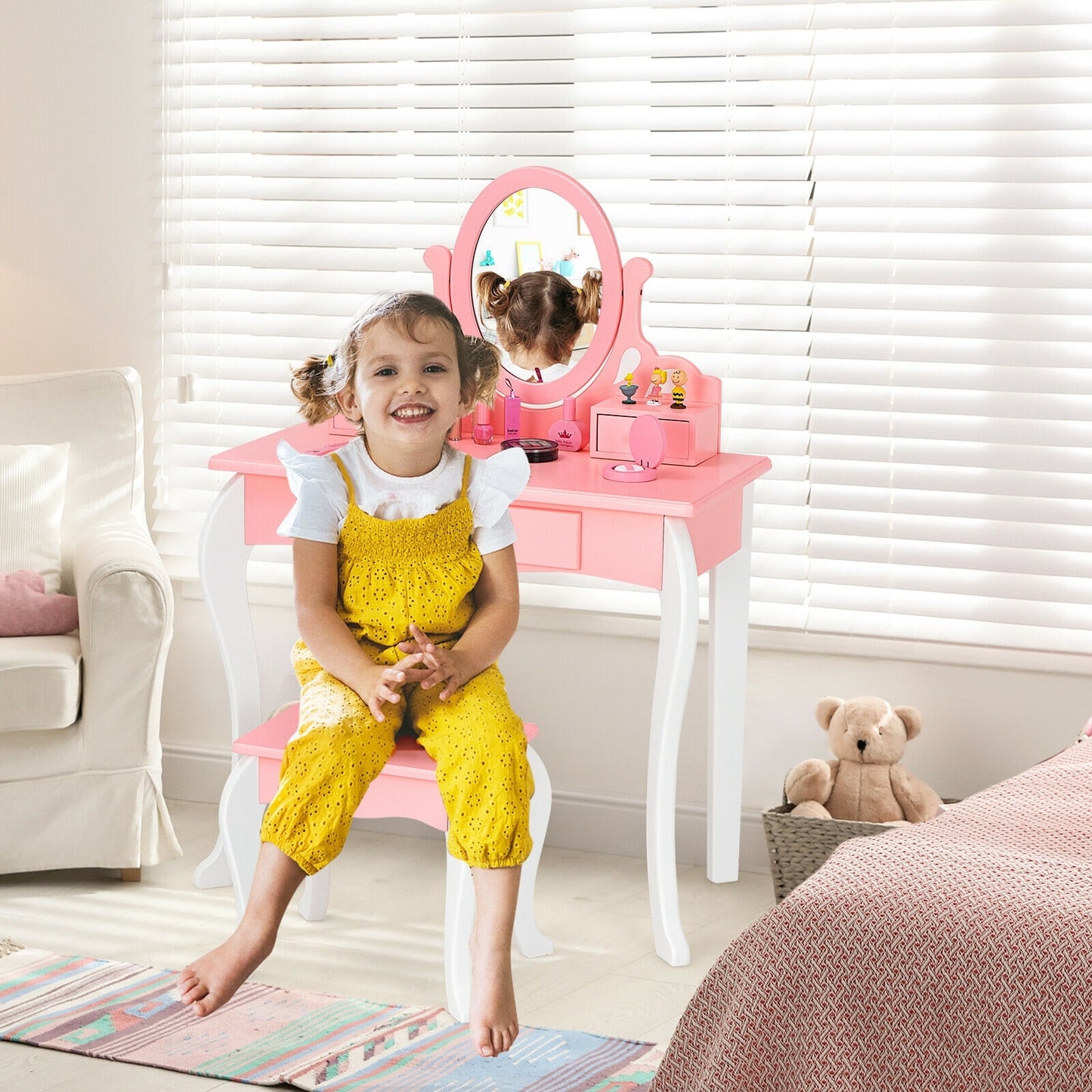 Kids Vanity Princess Makeup Dressing Table Stool Set with Mirror and Drawer-Pink Kids Crystal