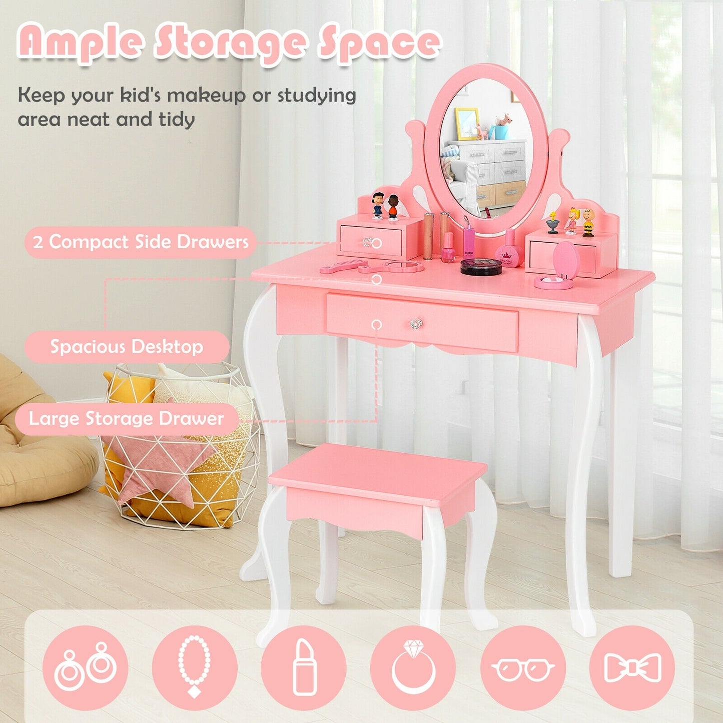 Kids Vanity Princess Makeup Dressing Table Stool Set with Mirror and Drawer-Pink Kids Crystal