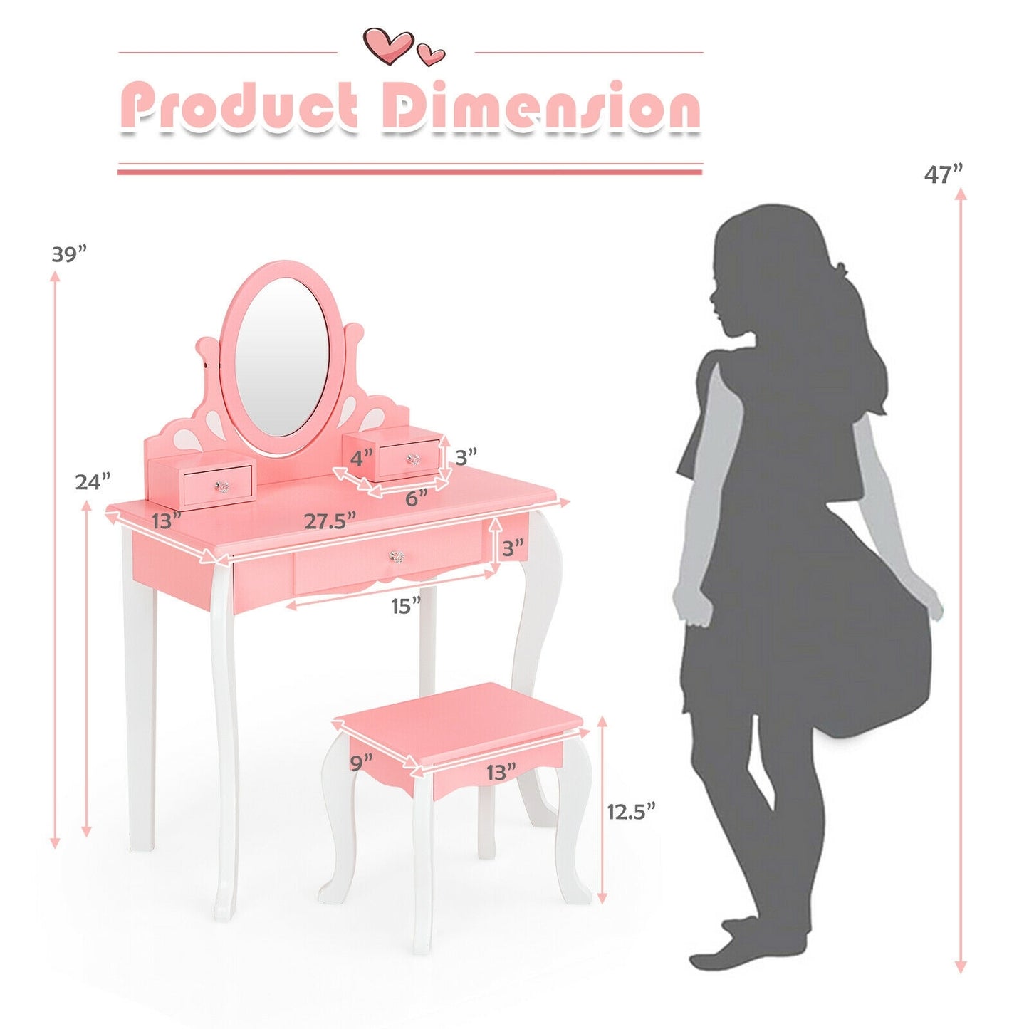 Kids Vanity Princess Makeup Dressing Table Stool Set with Mirror and Drawer-Pink Kids Crystal