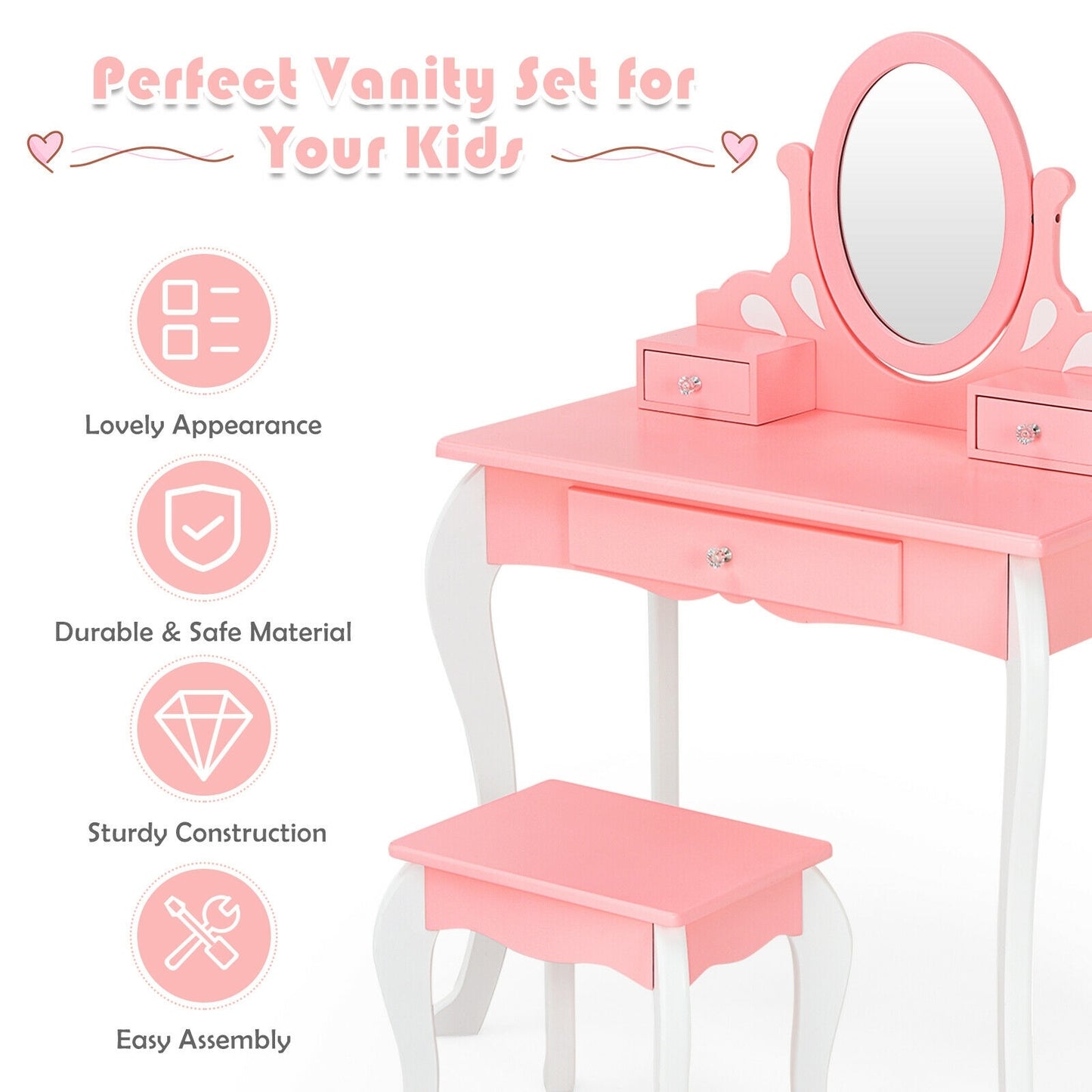 Kids Vanity Princess Makeup Dressing Table Stool Set with Mirror and Drawer-Pink Kids Crystal
