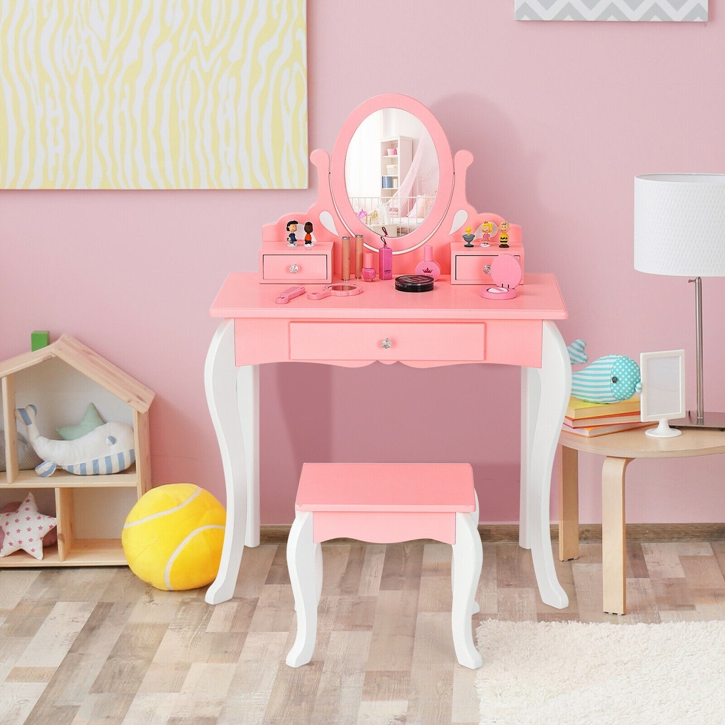 Kids Vanity Princess Makeup Dressing Table Stool Set with Mirror and Drawer-Pink Kids Crystal
