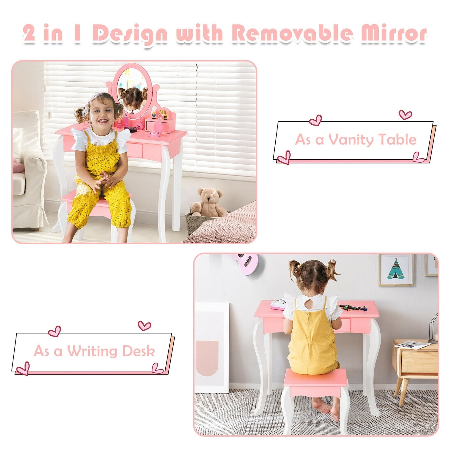 Kids Vanity Princess Makeup Dressing Table Stool Set with Mirror and Drawer-Pink Kids Crystal