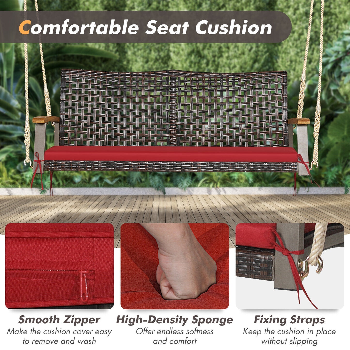 2-Person Rattan Hanging Porch Swing Chair-Red Kids Crystal