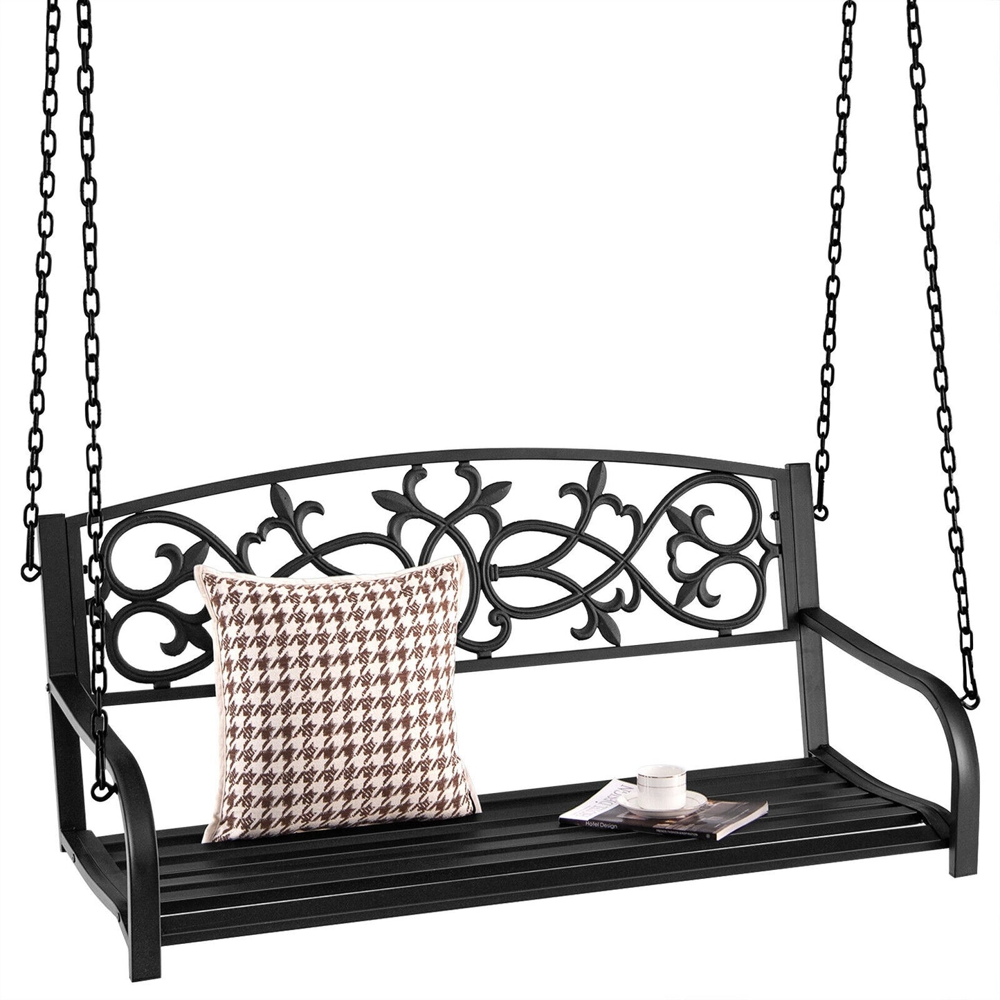 2-Person Outdoor Porch Metal Hanging Swing Chair with Sturdy Chains-Black Kids Crystal