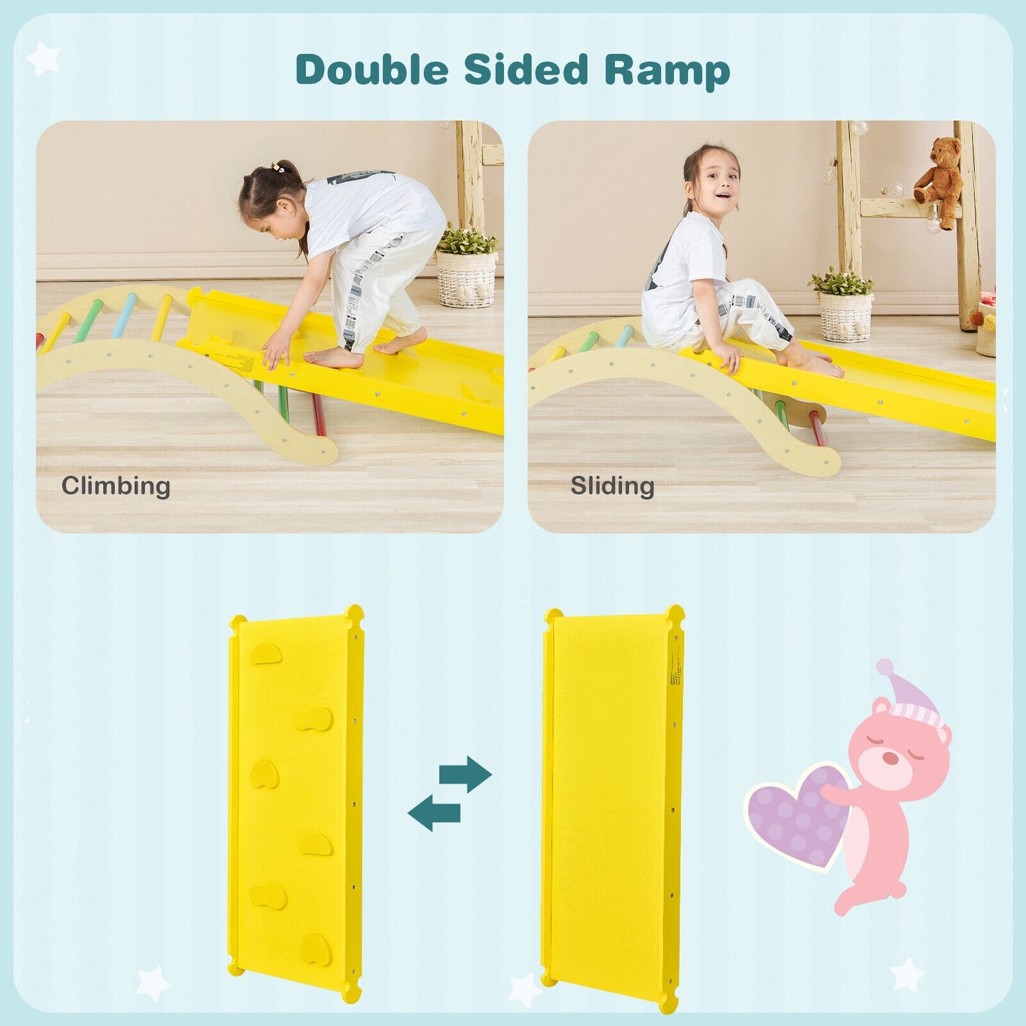 3-in-1 Kids Climber Set Wooden Arch Triangle Rocker with Ramp and Mat Kids Crystal