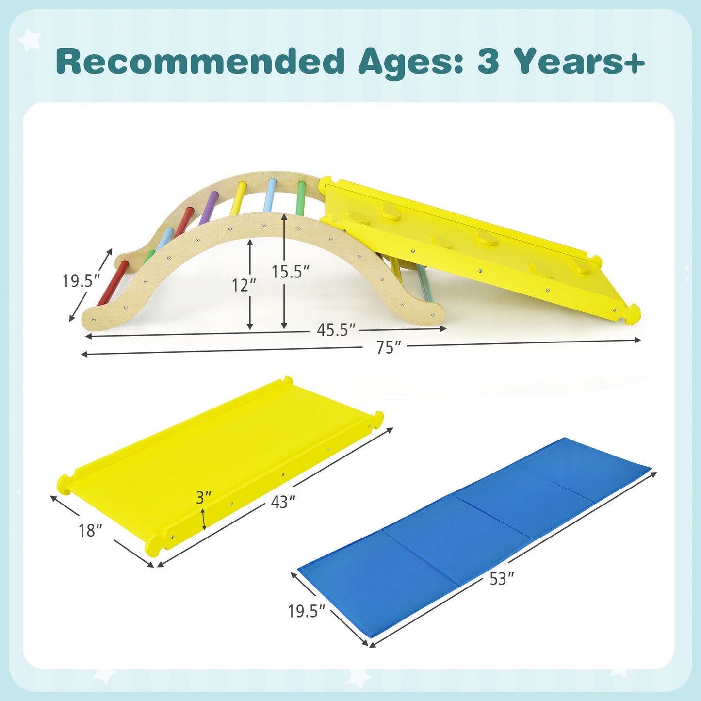 3-in-1 Kids Climber Set Wooden Arch Triangle Rocker with Ramp and Mat Kids Crystal