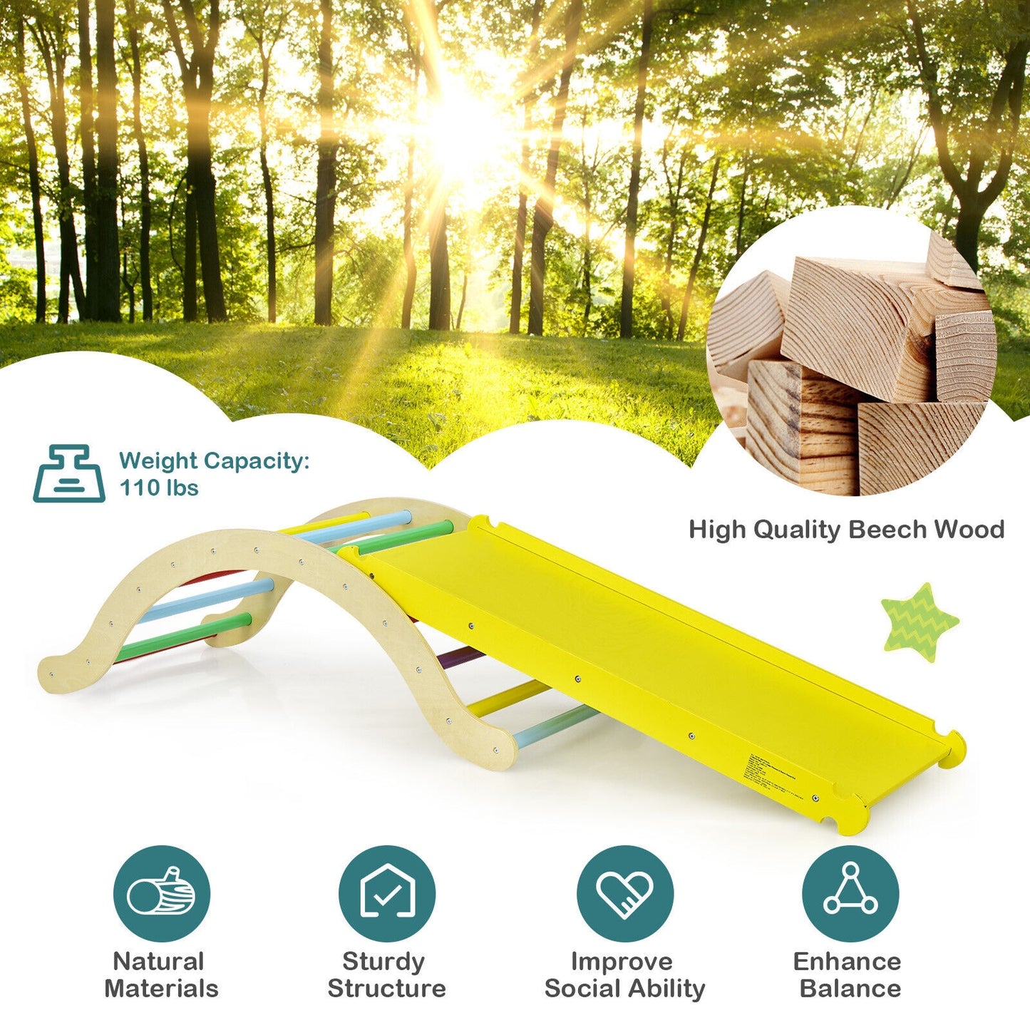3-in-1 Kids Climber Set Wooden Arch Triangle Rocker with Ramp and Mat Kids Crystal